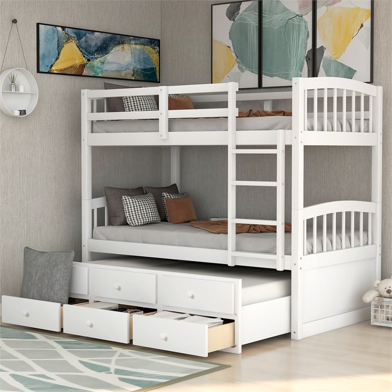 CRO Decor Twin Bunk Bed with Ladder Twin Trundle Bed with 3 Drawers (White)