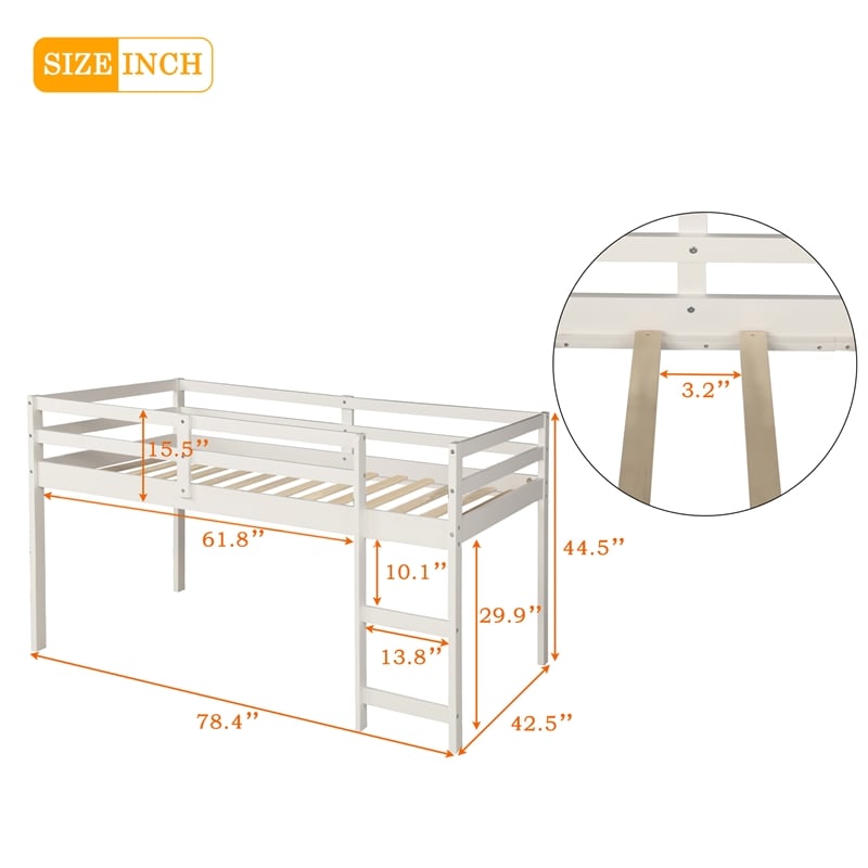 CRO Decor Low Study Twin Loft Bed with Cabinet and Rolling Portable Desk (White)