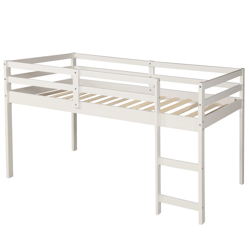 CRO Decor Low Study Twin Loft Bed with Cabinet and Rolling Portable Desk (White)