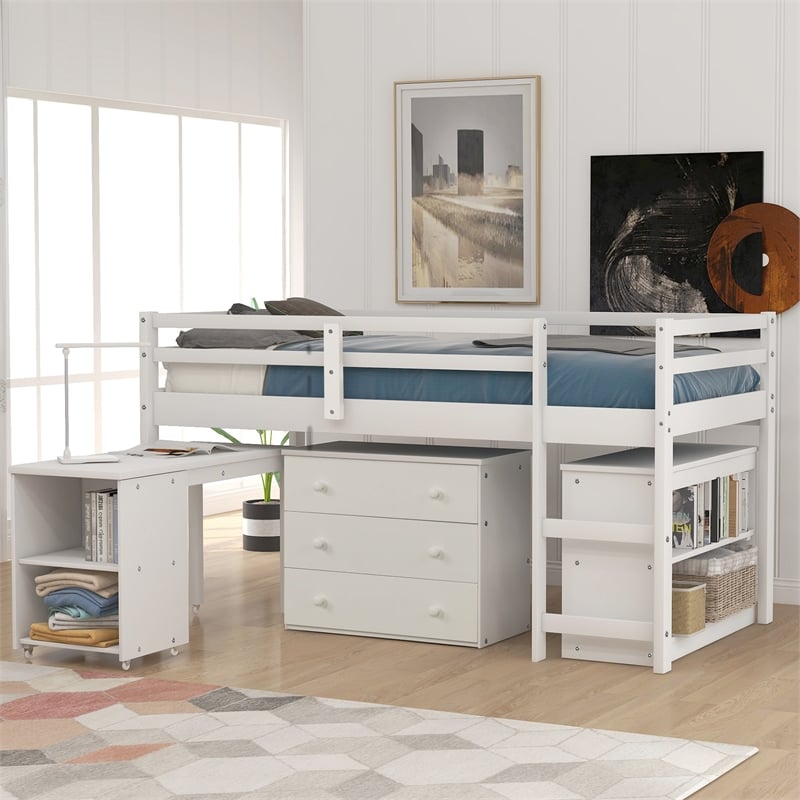 CRO Decor Low Study Twin Loft Bed with Cabinet and Rolling Portable Desk (White)