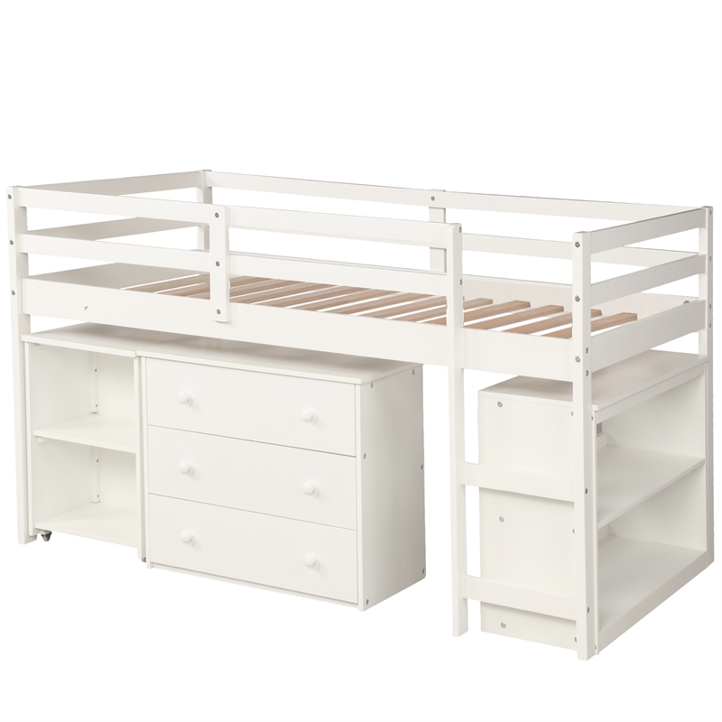 CRO Decor Low Study Twin Loft Bed with Cabinet and Rolling Portable Desk (White)
