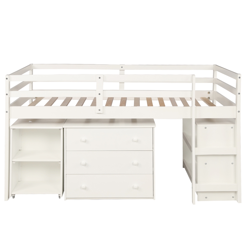 CRO Decor Low Study Twin Loft Bed with Cabinet and Rolling Portable Desk (White)