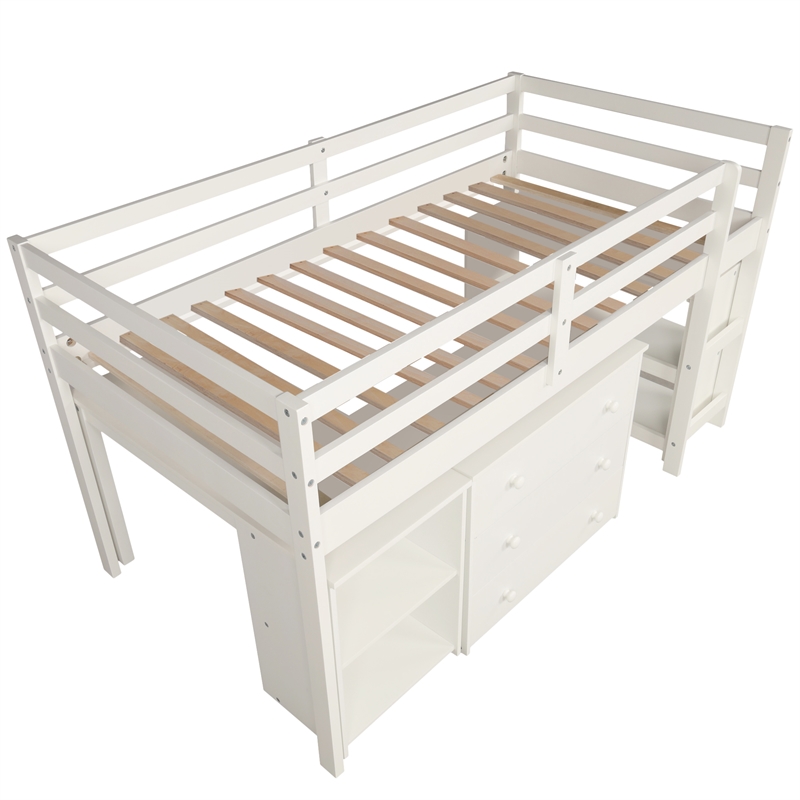 CRO Decor Low Study Twin Loft Bed with Cabinet and Rolling Portable Desk (White)