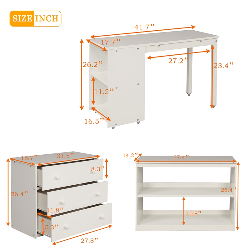 CRO Decor Low Study Twin Loft Bed with Cabinet and Rolling Portable Desk (White)