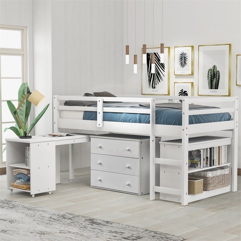 CRO Decor Low Study Twin Loft Bed with Cabinet and Rolling Portable Desk (White)