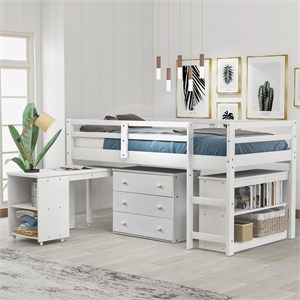 cro decor low study twin loft bed with cabinet and rolling portable desk (white)