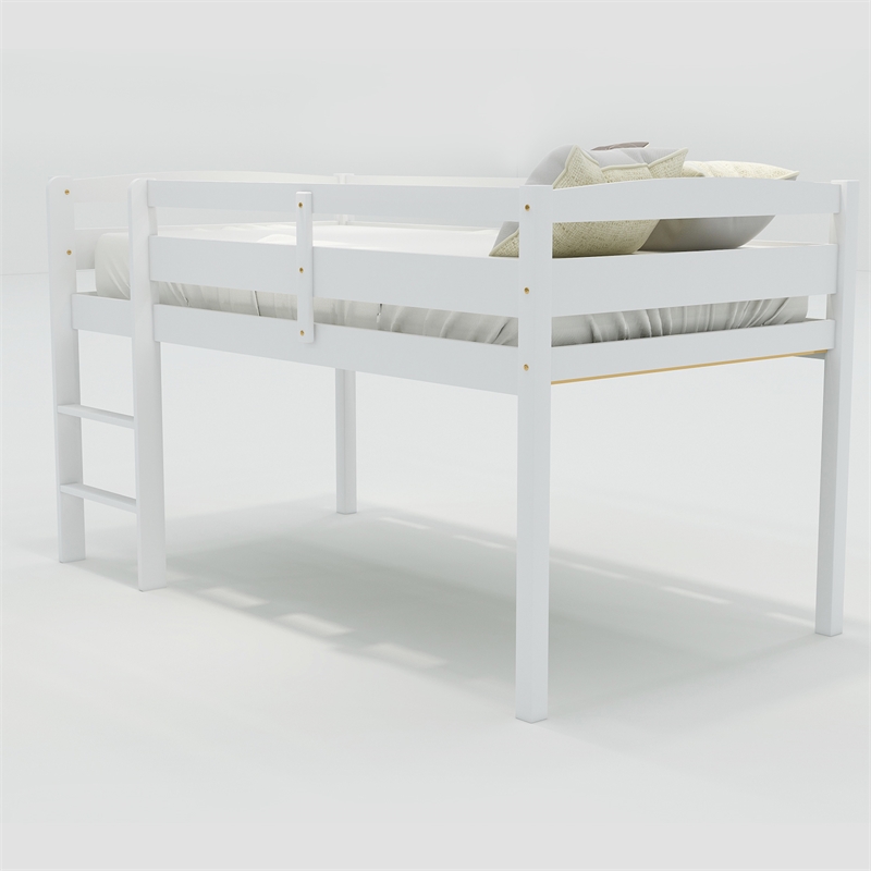 CRO Decor Twin Wood Loft Bed Low Loft Beds with Ladder Twin (White)