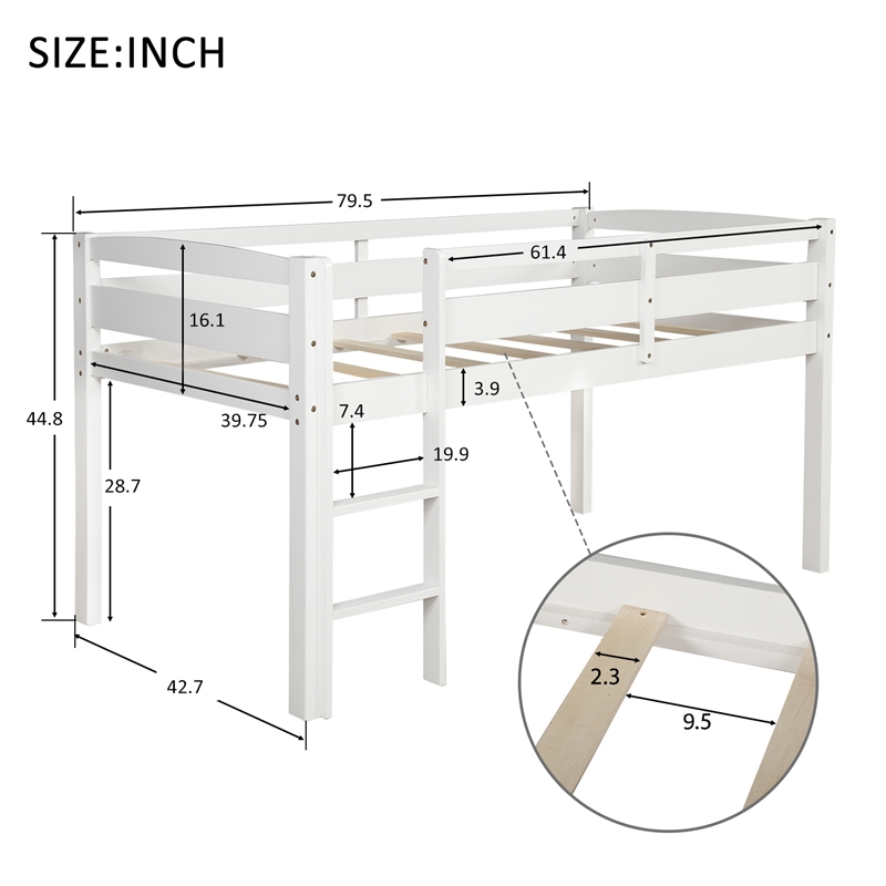 CRO Decor Twin Wood Loft Bed Low Loft Beds with Ladder Twin (White)