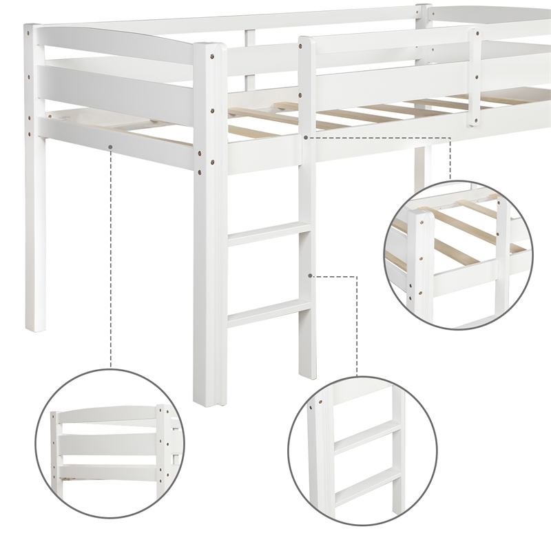 CRO Decor Twin Wood Loft Bed Low Loft Beds with Ladder Twin (White)