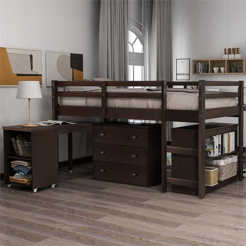 CRO Decor Low Study Twin Loft Bed with Cabinet and Rolling Portable Desk