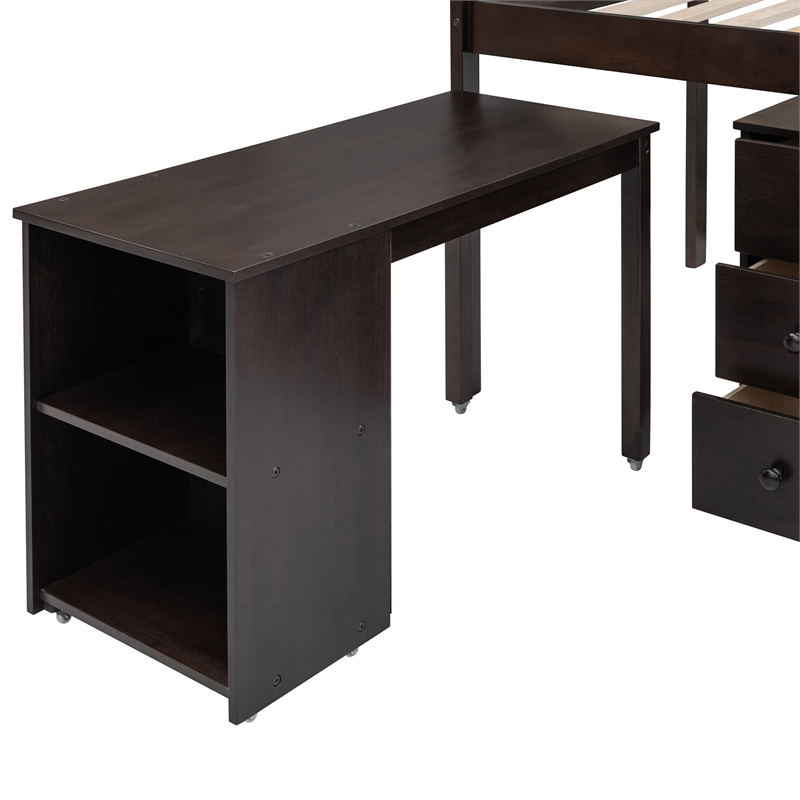 CRO Decor Low Study Twin Loft Bed with Cabinet and Rolling Portable Desk