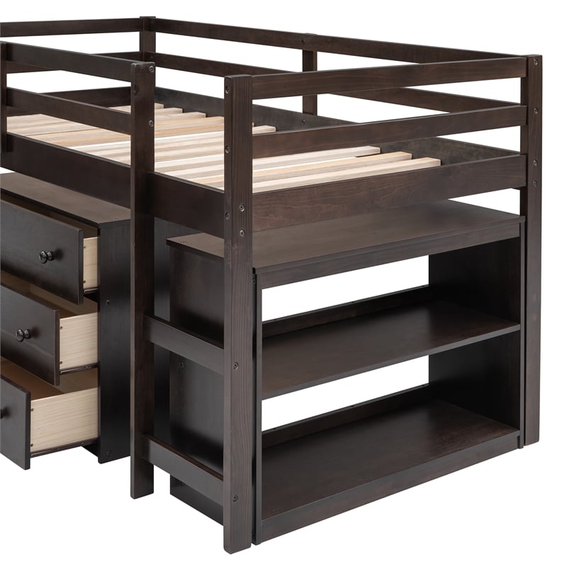CRO Decor Low Study Twin Loft Bed with Cabinet and Rolling Portable Desk