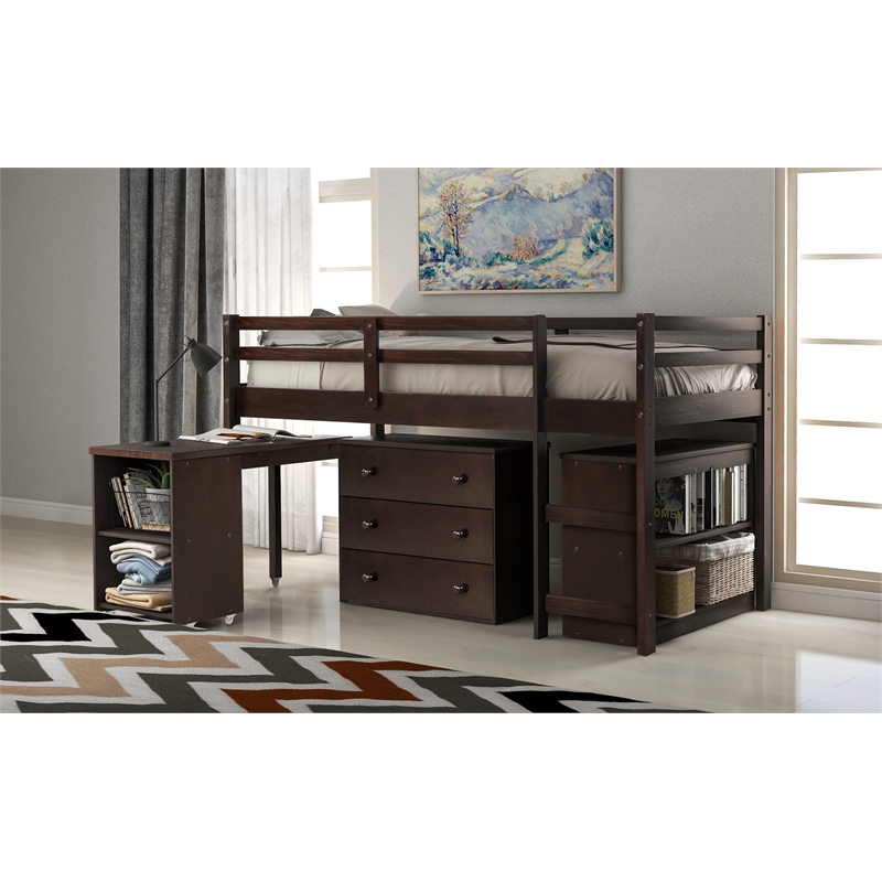 CRO Decor Low Study Twin Loft Bed with Cabinet and Rolling Portable Desk