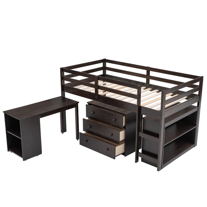 CRO Decor Low Study Twin Loft Bed with Cabinet and Rolling Portable Desk