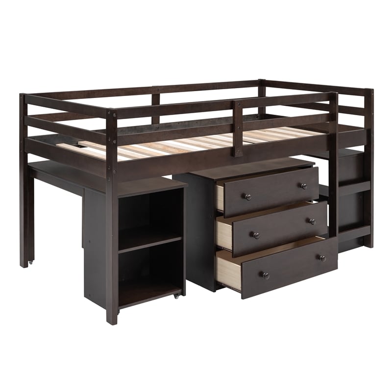 CRO Decor Low Study Twin Loft Bed with Cabinet and Rolling Portable Desk