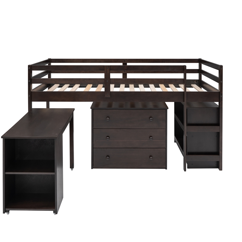 CRO Decor Low Study Twin Loft Bed with Cabinet and Rolling Portable Desk