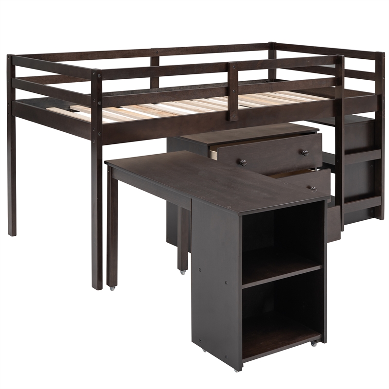 CRO Decor Low Study Twin Loft Bed with Cabinet and Rolling Portable Desk
