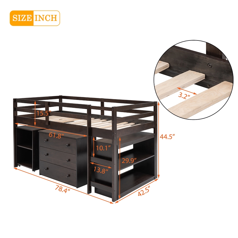 CRO Decor Low Study Twin Loft Bed with Cabinet and Rolling Portable Desk