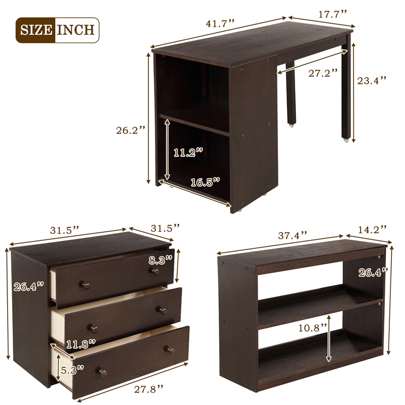 CRO Decor Low Study Twin Loft Bed with Cabinet and Rolling Portable Desk
