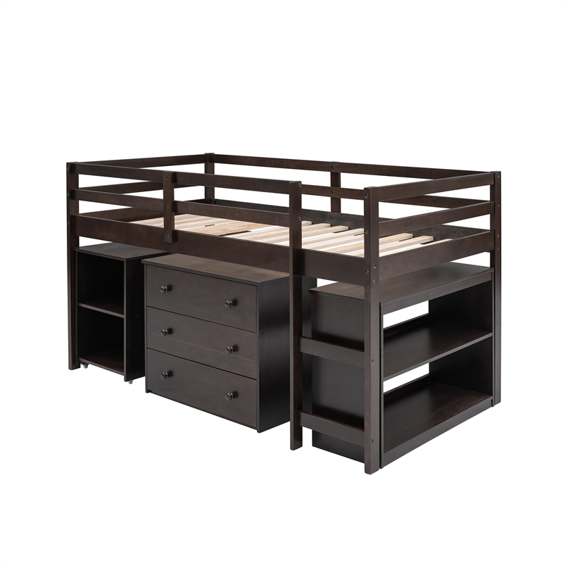 CRO Decor Low Study Twin Loft Bed with Cabinet and Rolling Portable Desk