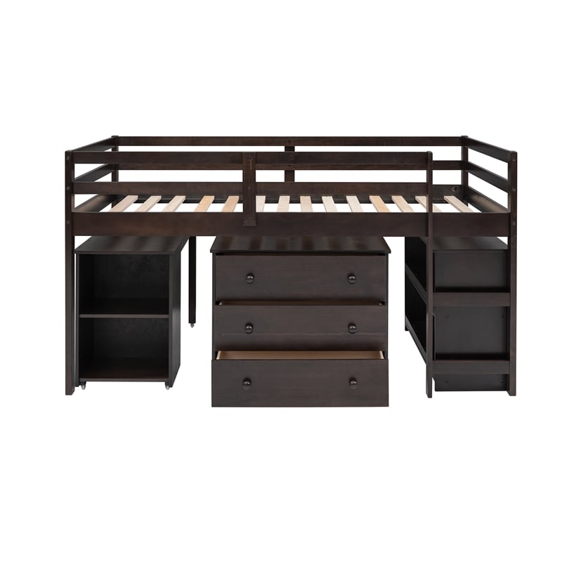 CRO Decor Low Study Twin Loft Bed with Cabinet and Rolling Portable Desk