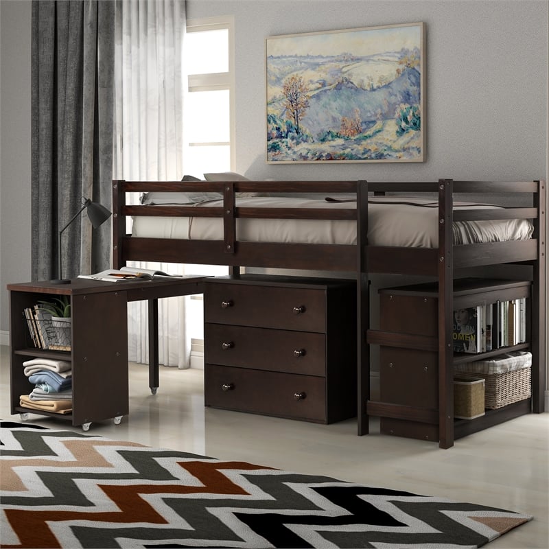 CRO Decor Low Study Twin Loft Bed with Cabinet and Rolling Portable Desk