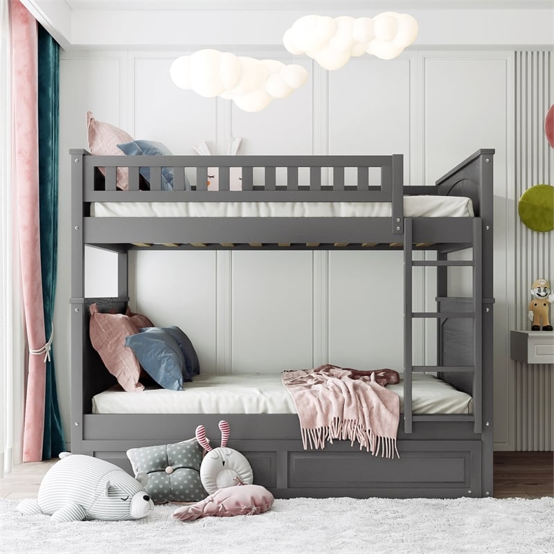 CRO Decor Full Over Full Bunk Bed with Twin Size Trundle (Brushed Gray)