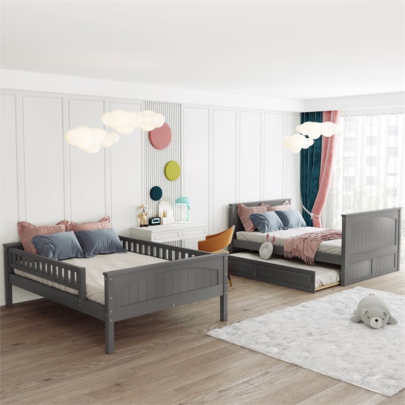 CRO Decor Full Over Full Bunk Bed with Twin Size Trundle (Brushed Gray)
