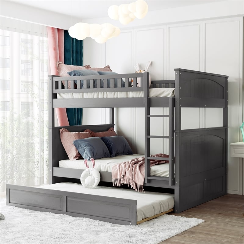 CRO Decor Full Over Full Bunk Bed with Twin Size Trundle (Brushed Gray)
