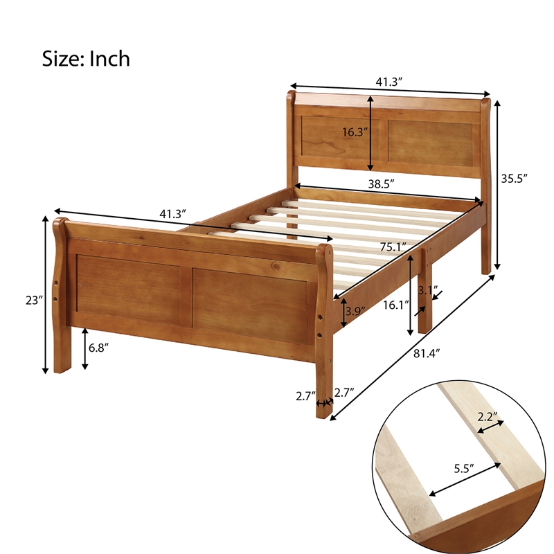 CRO Decor Wood Platform Bed Twin Bed Frame Mattress Foundation Sleigh Bed-Oak
