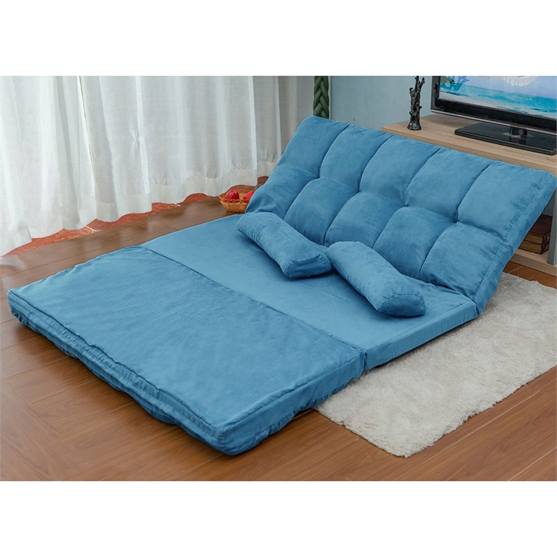 CRO Decor Double Chaise Lounge Sofa Floor Couch and Sofa with Two Pillows (Blue)