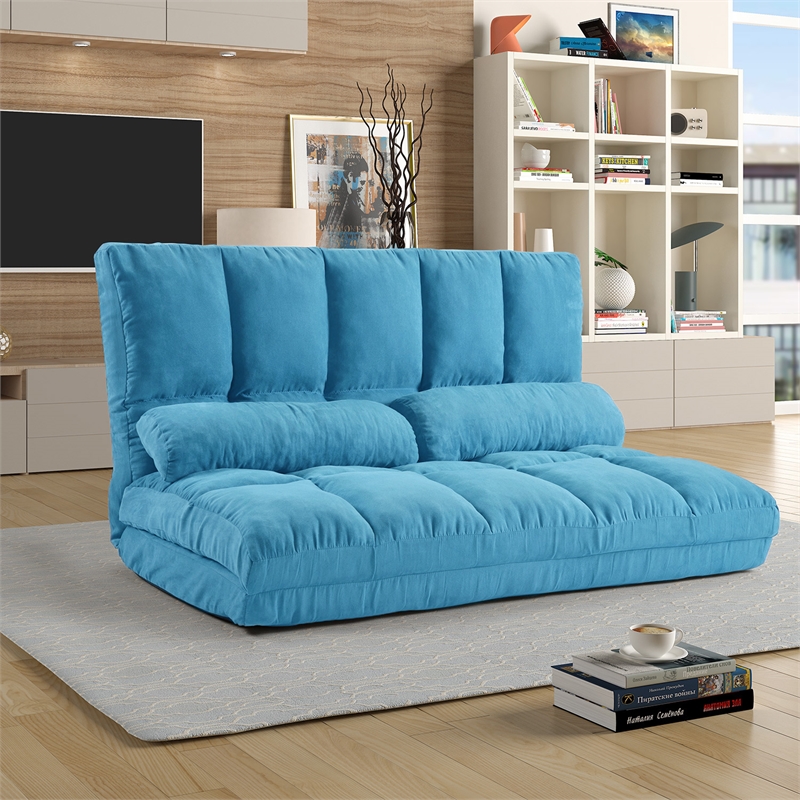 CRO Decor Double Chaise Lounge Sofa Floor Couch and Sofa with Two Pillows (Blue)