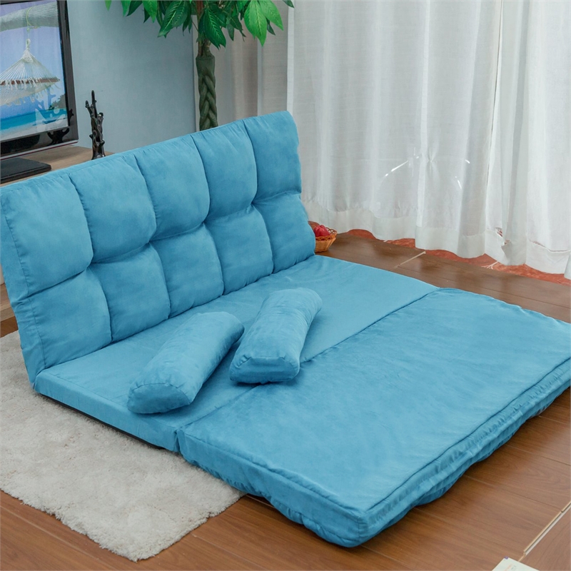 CRO Decor Double Chaise Lounge Sofa Floor Couch and Sofa with Two Pillows (Blue)