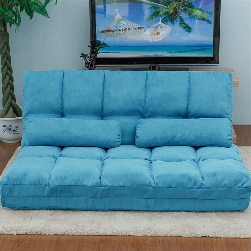 CRO Decor Double Chaise Lounge Sofa Floor Couch and Sofa with Two Pillows (Blue)