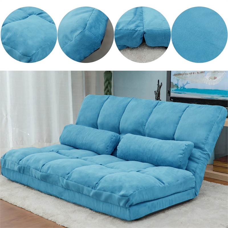 CRO Decor Double Chaise Lounge Sofa Floor Couch and Sofa with Two Pillows (Blue)