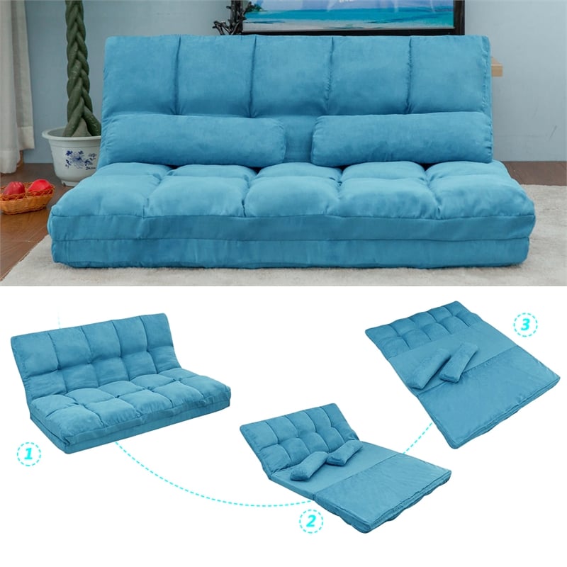 CRO Decor Double Chaise Lounge Sofa Floor Couch and Sofa with Two Pillows (Blue)