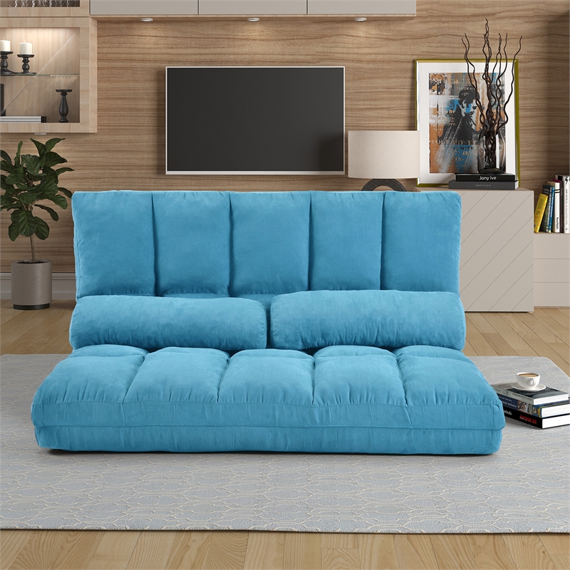 CRO Decor Double Chaise Lounge Sofa Floor Couch and Sofa with Two Pillows (Blue)