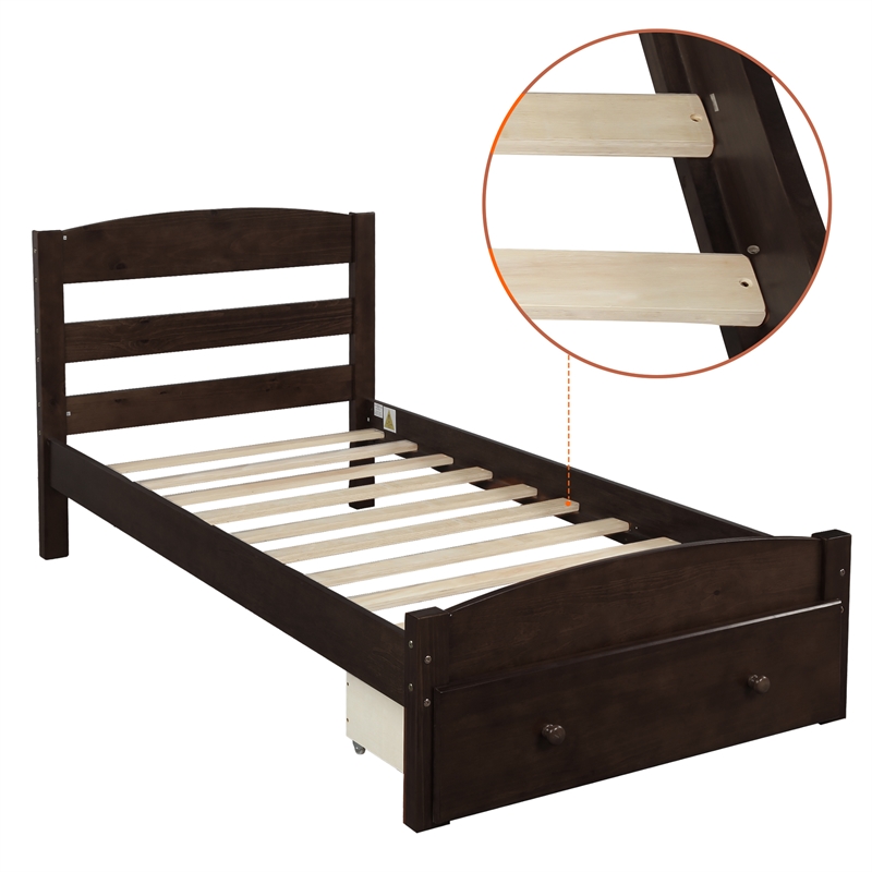 CRO Decor Platform Twin Bed Frame with Storage Drawer and Wood Slat Support