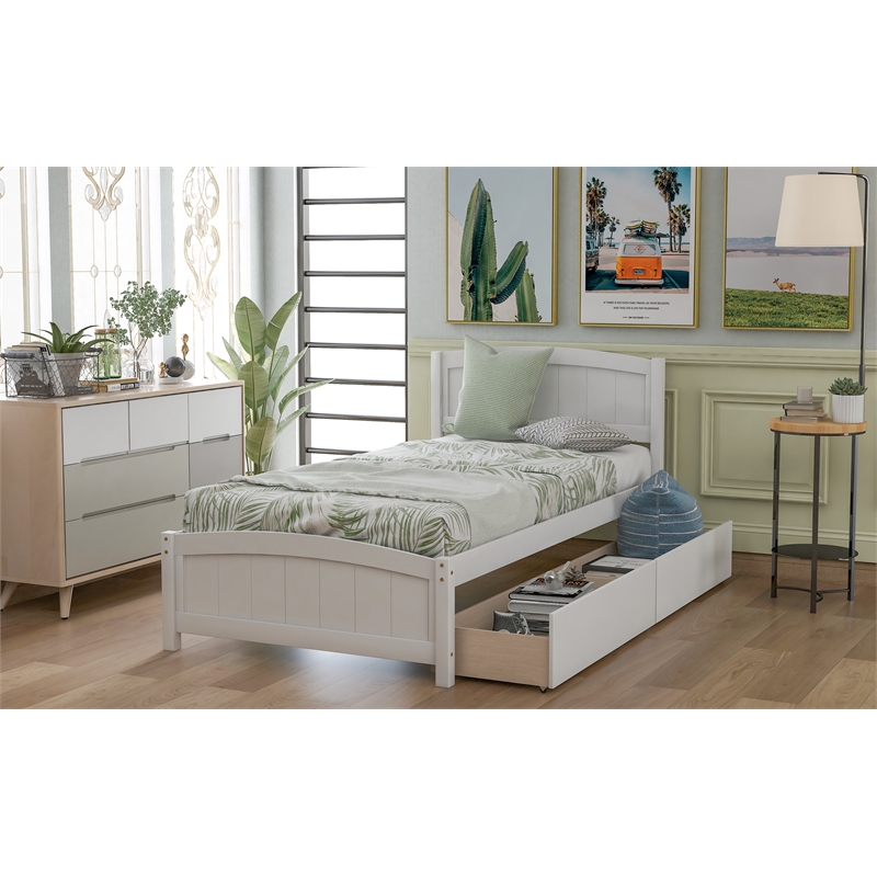 CRO Decor Wood Twin Size Platform Bed with Two Drawers (White)