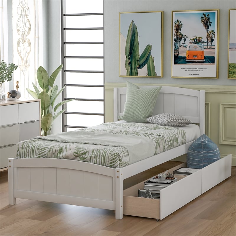 CRO Decor Wood Twin Size Platform Bed with Two Drawers (White)