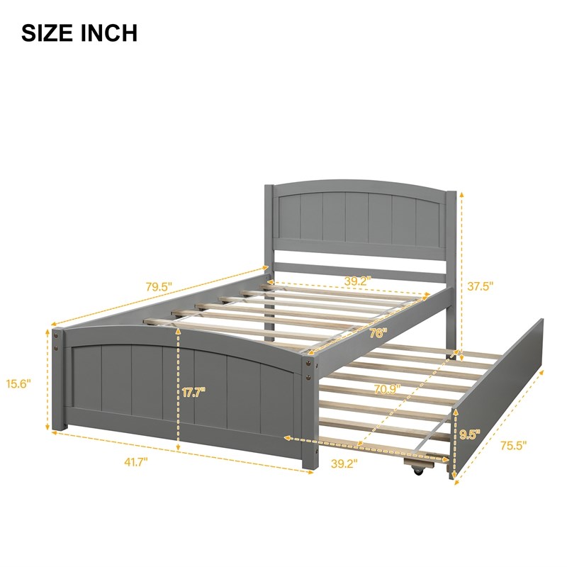 CRO Decor Wood Twin size Platform Bed with Trundle (Gray)