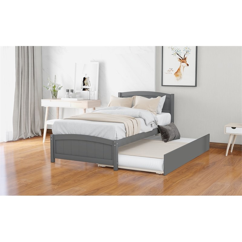 CRO Decor Wood Twin size Platform Bed with Trundle (Gray)