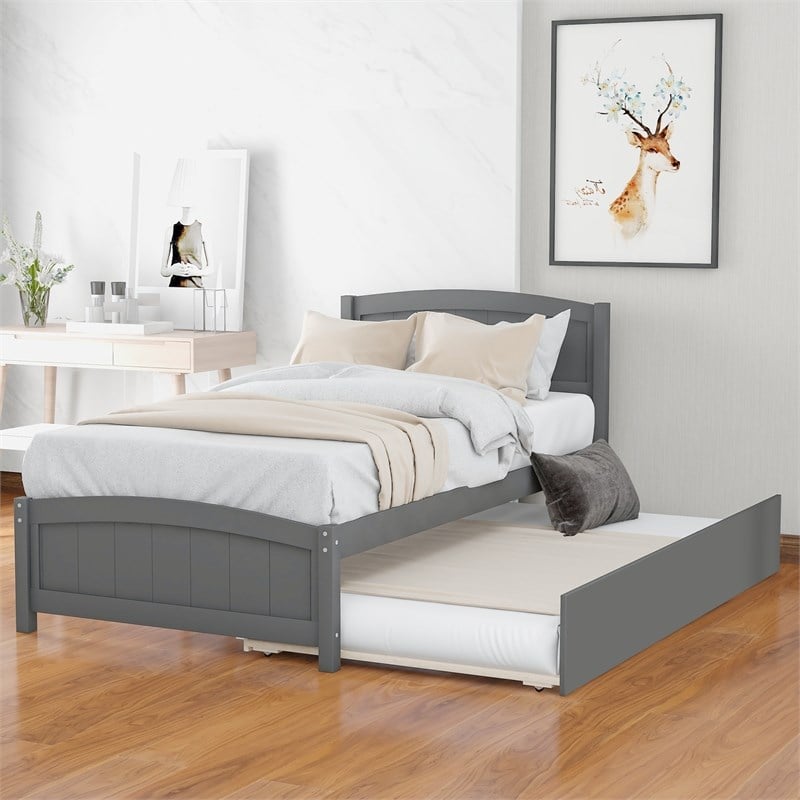 CRO Decor Wood Twin size Platform Bed with Trundle (Gray)