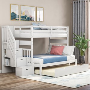 CRO Decor Twin over Twin/Full Bunk Bed with Twin Size Trundle (White)