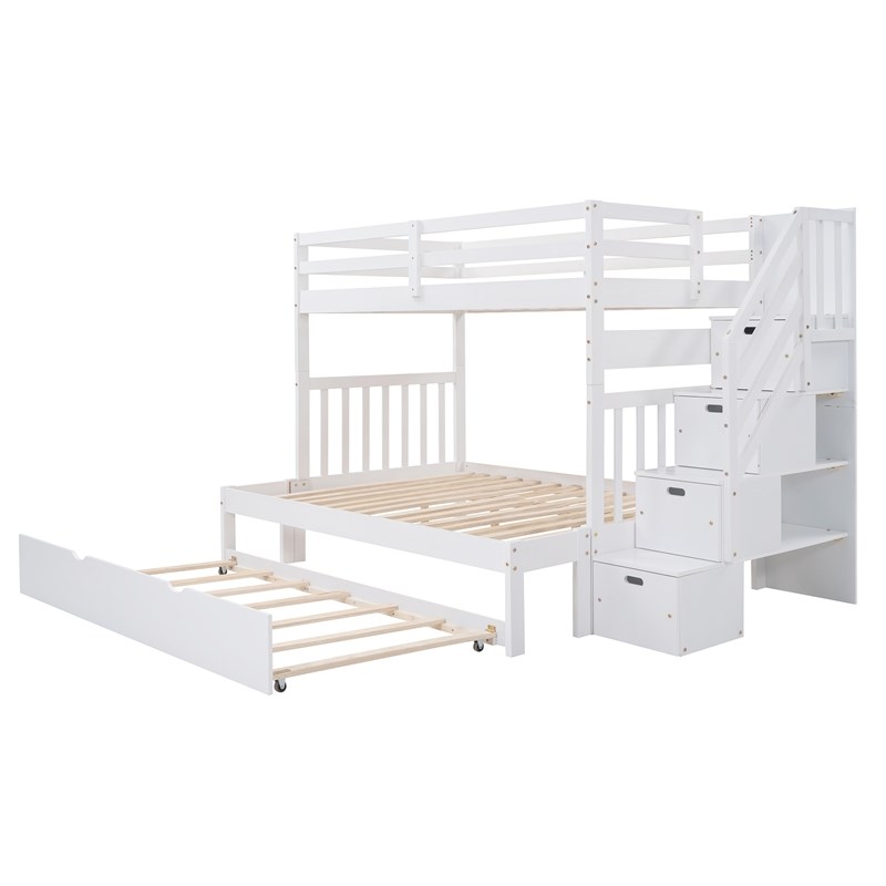 CRO Decor Twin over Twin/Full Bunk Bed with Twin Size Trundle (White)