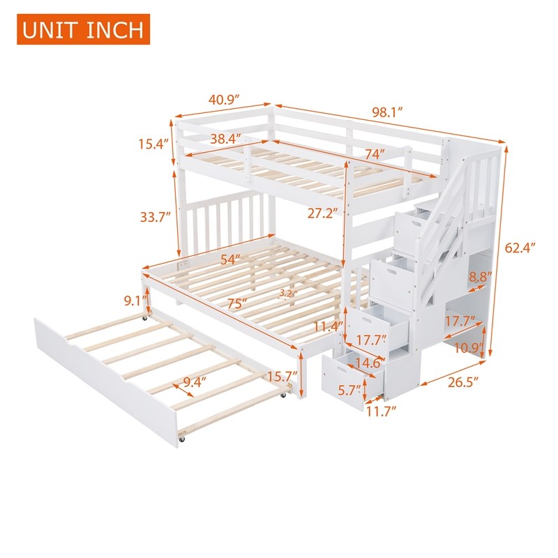 CRO Decor Twin over Twin/Full Bunk Bed with Twin Size Trundle (White)