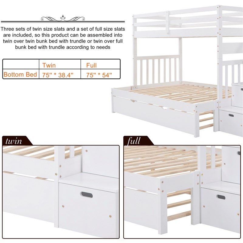 CRO Decor Twin over Twin/Full Bunk Bed with Twin Size Trundle (White)