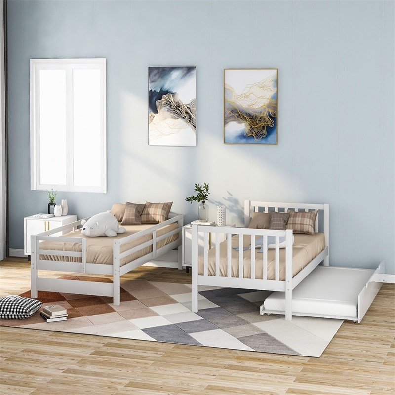 CRO Decor Twin over Twin/Full Bunk Bed with Twin Size Trundle (White)