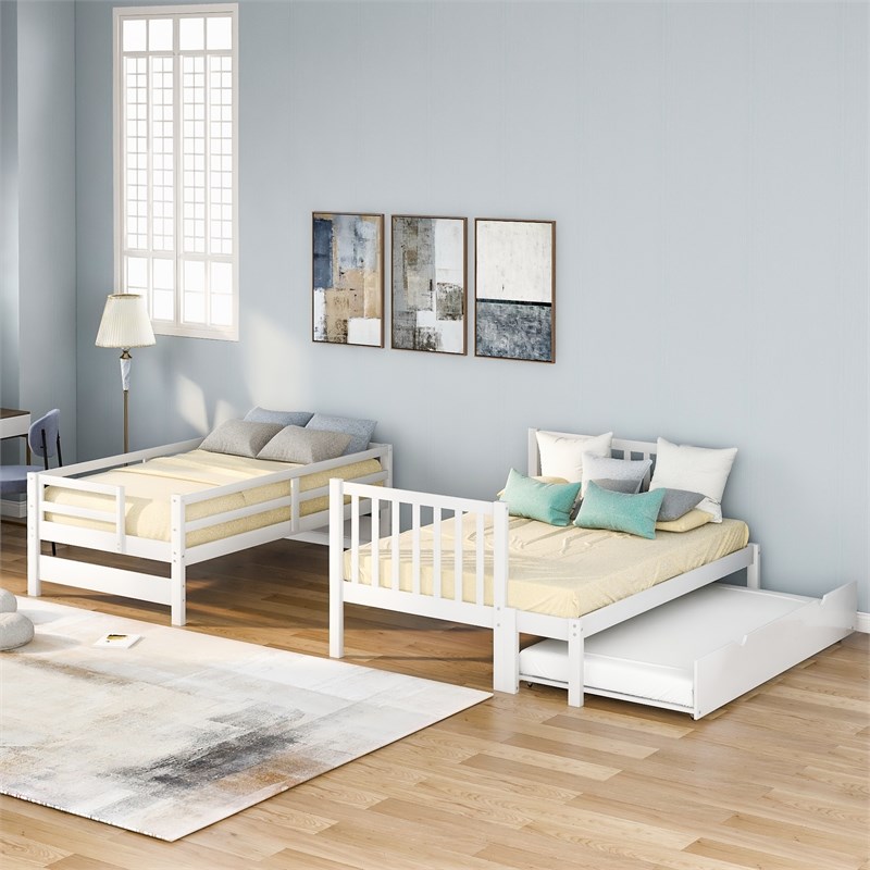 CRO Decor Twin over Twin/Full Bunk Bed with Twin Size Trundle (White)