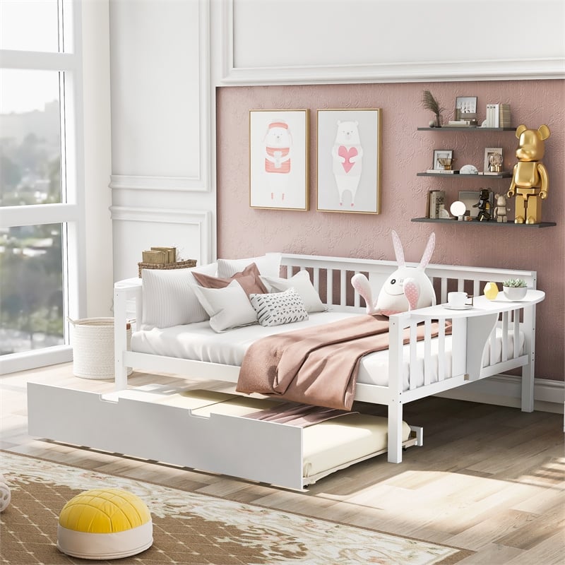 CRO Decor Full Size Daybed with Twin Size Trundle Wood Slat Support (White)